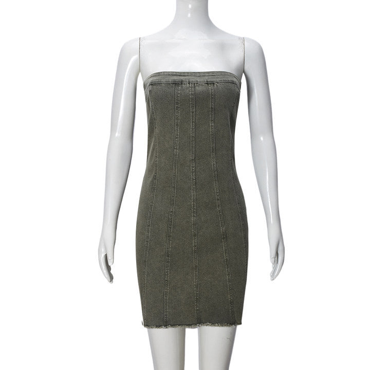 Trendy Backless Denim Tube Dress – Y2K Slim Mini Dress for Women