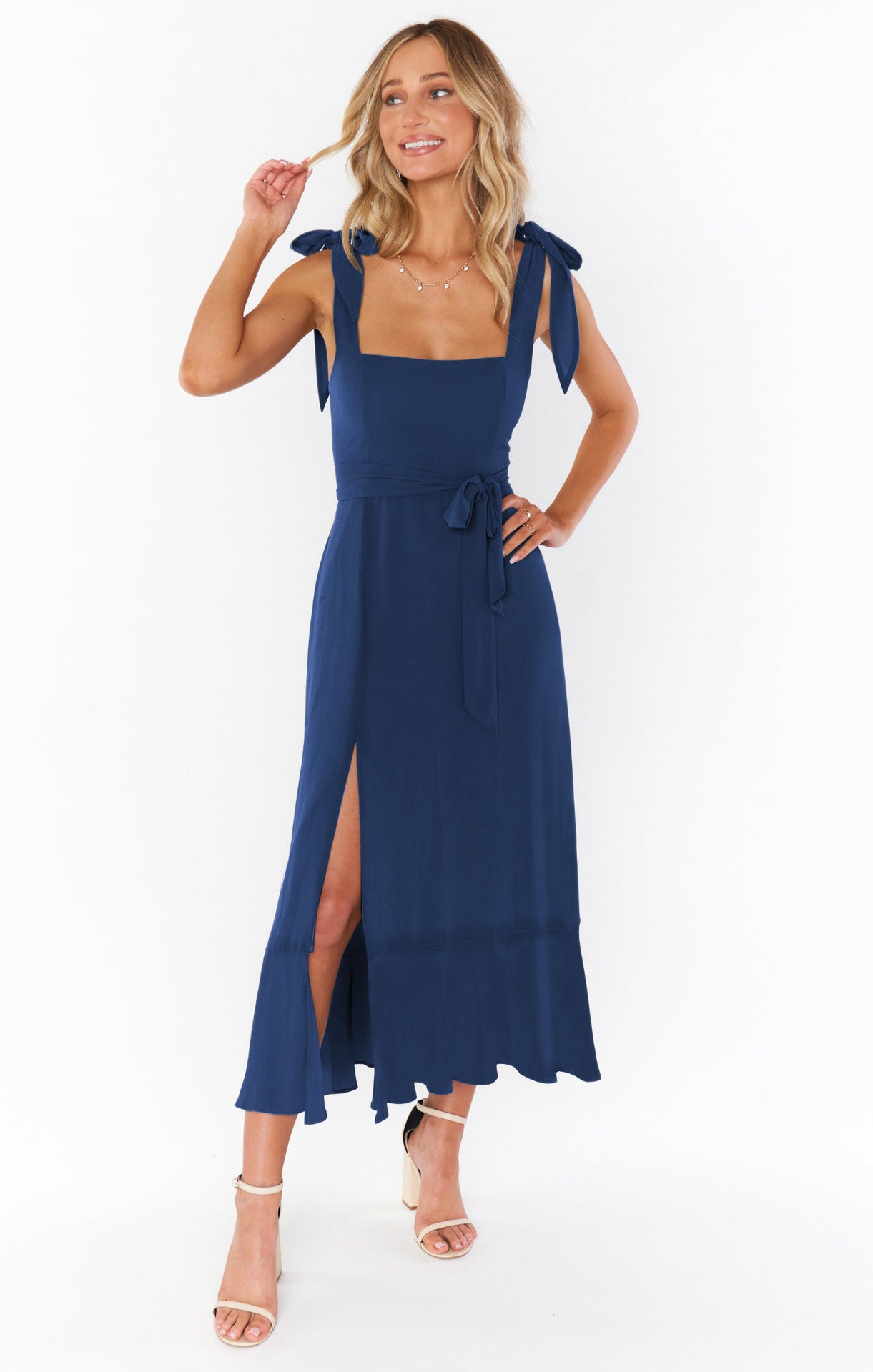 Women’s Summer Suspender Split Dress – Lace-up Design & Ruffled Hem