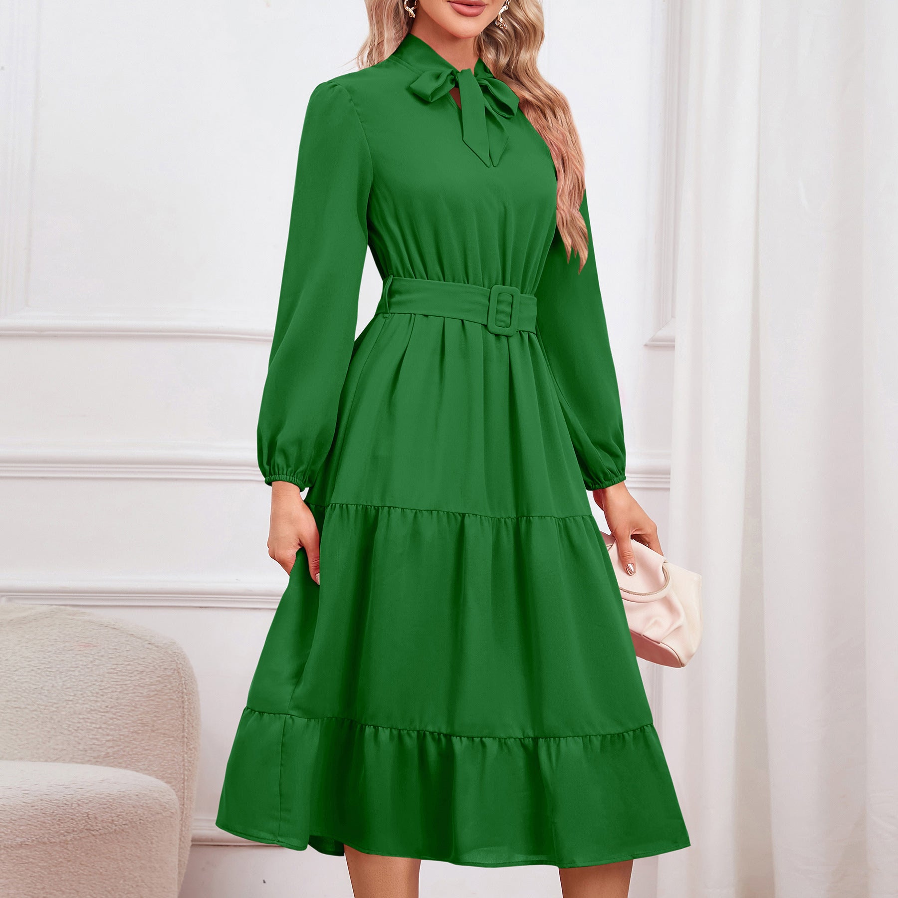 Women’s Elegant A-Line Bow Tie Midi Dress – Long Sleeve Slim Fit