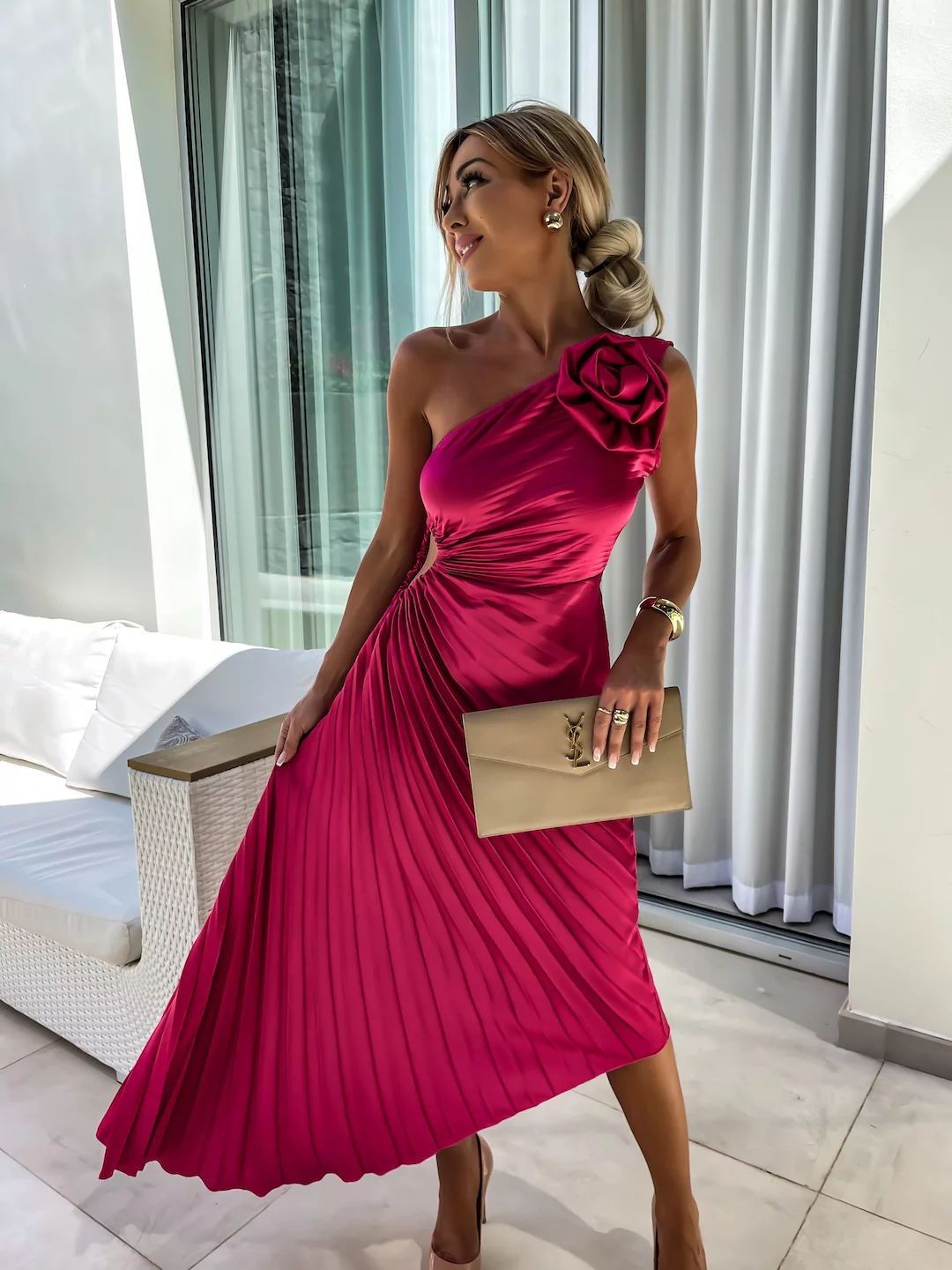 Ins Pleated One-Shoulder Dress With Big Rose Flower – Sexy Asymmetrical Evening Party Dress