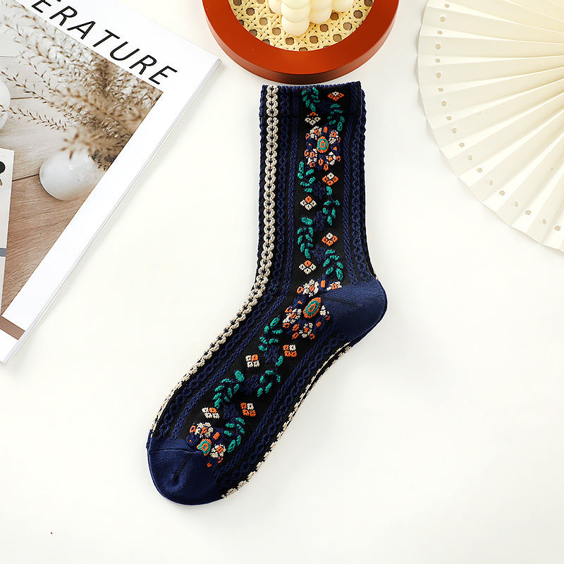 Women’s Retro Floral Mid-Calf Socks – Vintage Style Cotton Blend