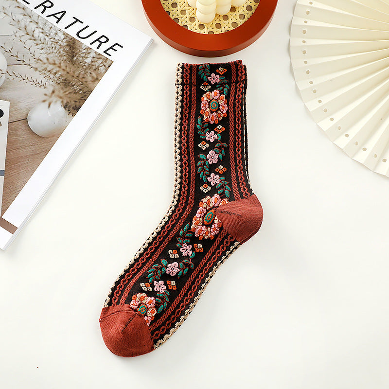 Women’s Retro Floral Mid-Calf Socks – Vintage Style Cotton Blend