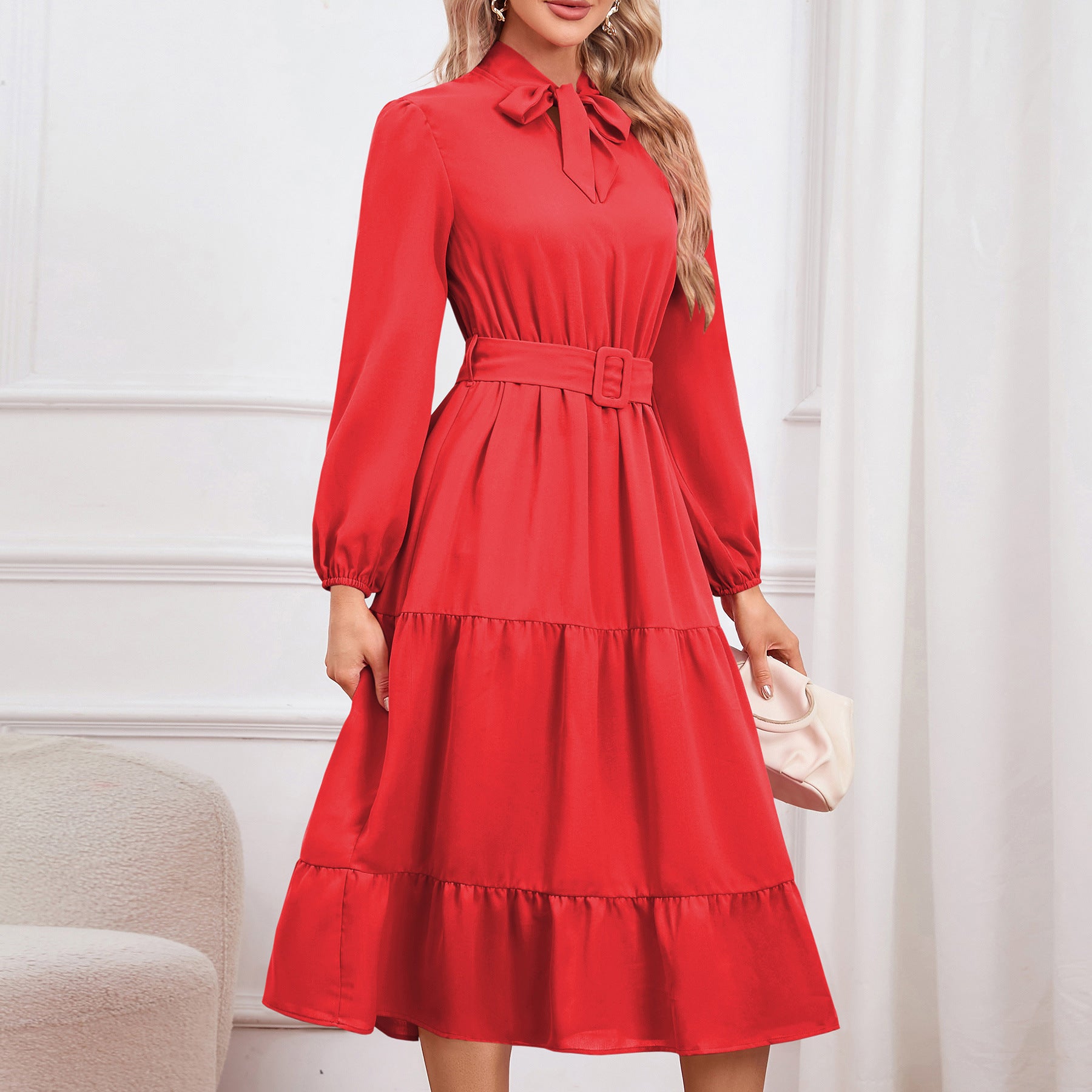 Women’s Elegant A-Line Bow Tie Midi Dress – Long Sleeve Slim Fit