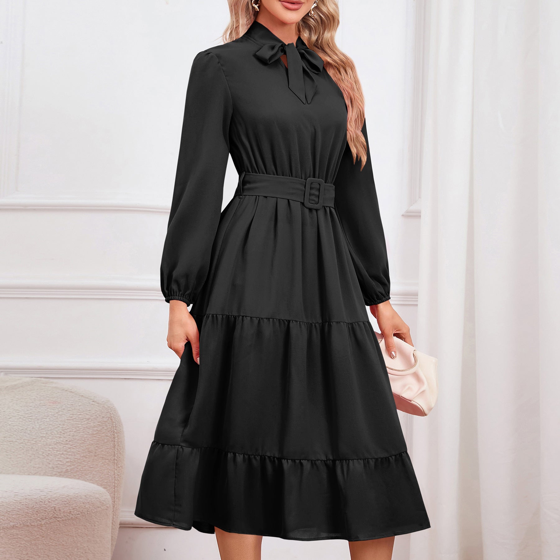 Women’s Elegant A-Line Bow Tie Midi Dress – Long Sleeve Slim Fit