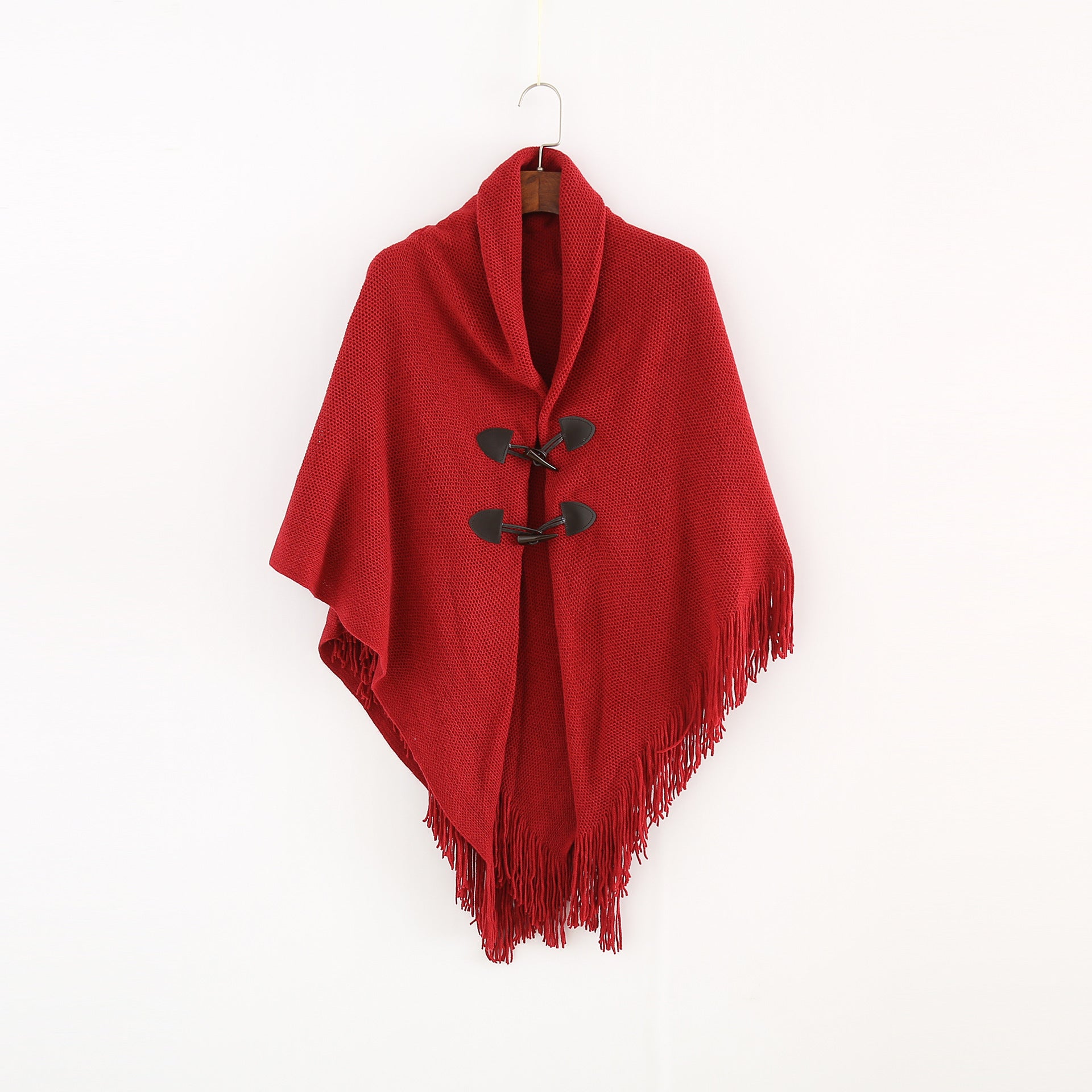 Hooded Knit Poncho Cape – Loose Fit Winter Cardigan with Toggle Closure