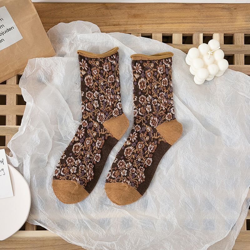 Women’s Broken Flower Forest Socks – Pastoral Style Floral Mid-Tube