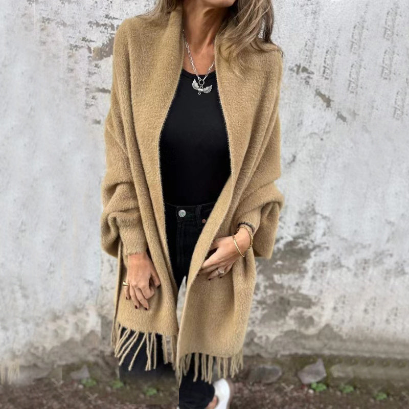 Tassel Knit Cardigan – Batwing Sleeve Loose Fit Shawl