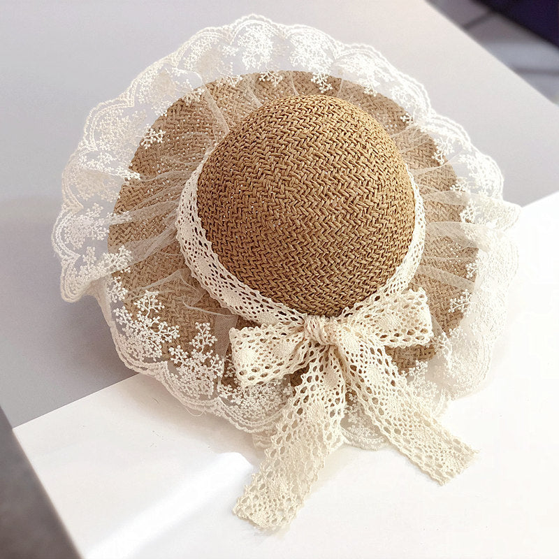 Girls’ Lace Straw Sun Hat – Wide Brim Breathable Summer Hat