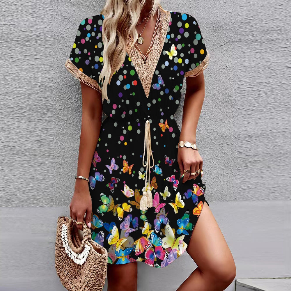 Printed Lace V-Neck Dress – Short Sleeve Tight Waist Swing Dress