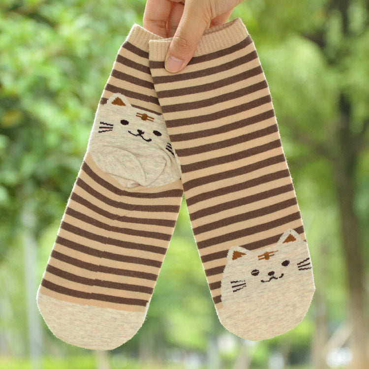 Striped Cartoon Cat Crew Socks – Women’s Cotton Style