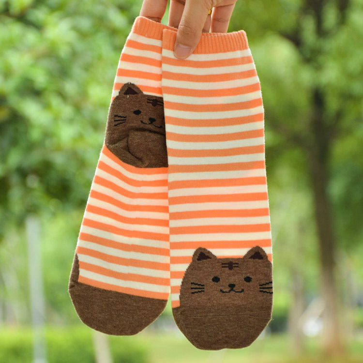 Striped Cartoon Cat Crew Socks – Women’s Cotton Style