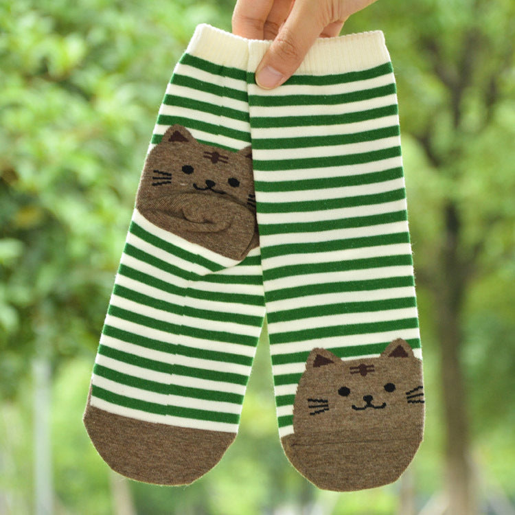 Striped Cartoon Cat Crew Socks – Women’s Cotton Style