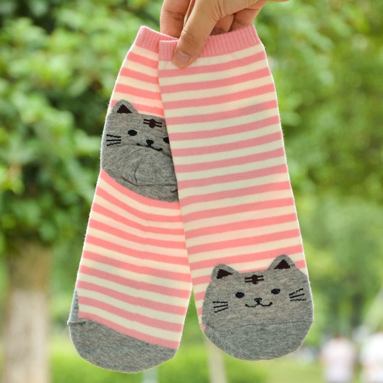 Striped Cartoon Cat Crew Socks – Women’s Cotton Style