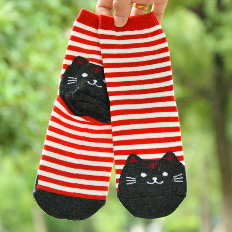 Striped Cartoon Cat Crew Socks – Women’s Cotton Style