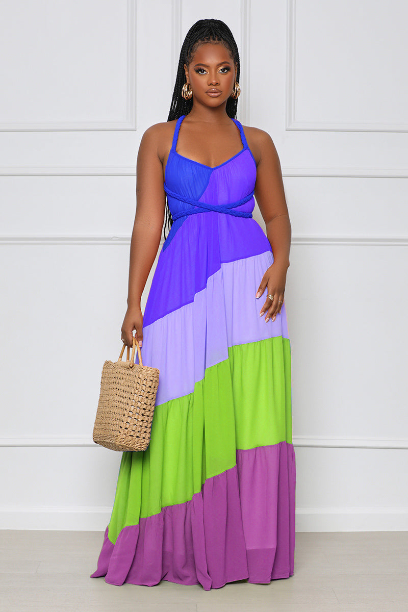 Women’s Rainbow Color Block Chiffon Maxi Dress – Lace Up Backless