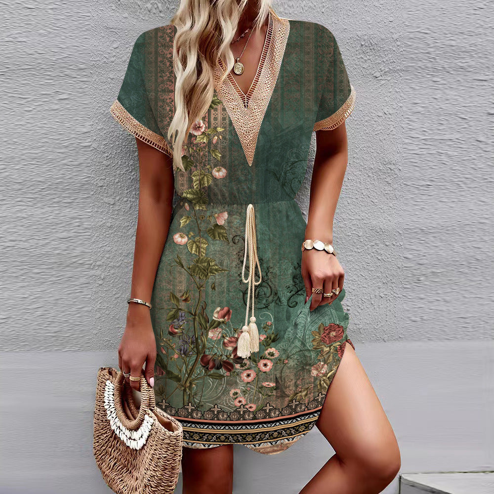 Printed Lace V-Neck Dress – Short Sleeve Tight Waist Swing Dress