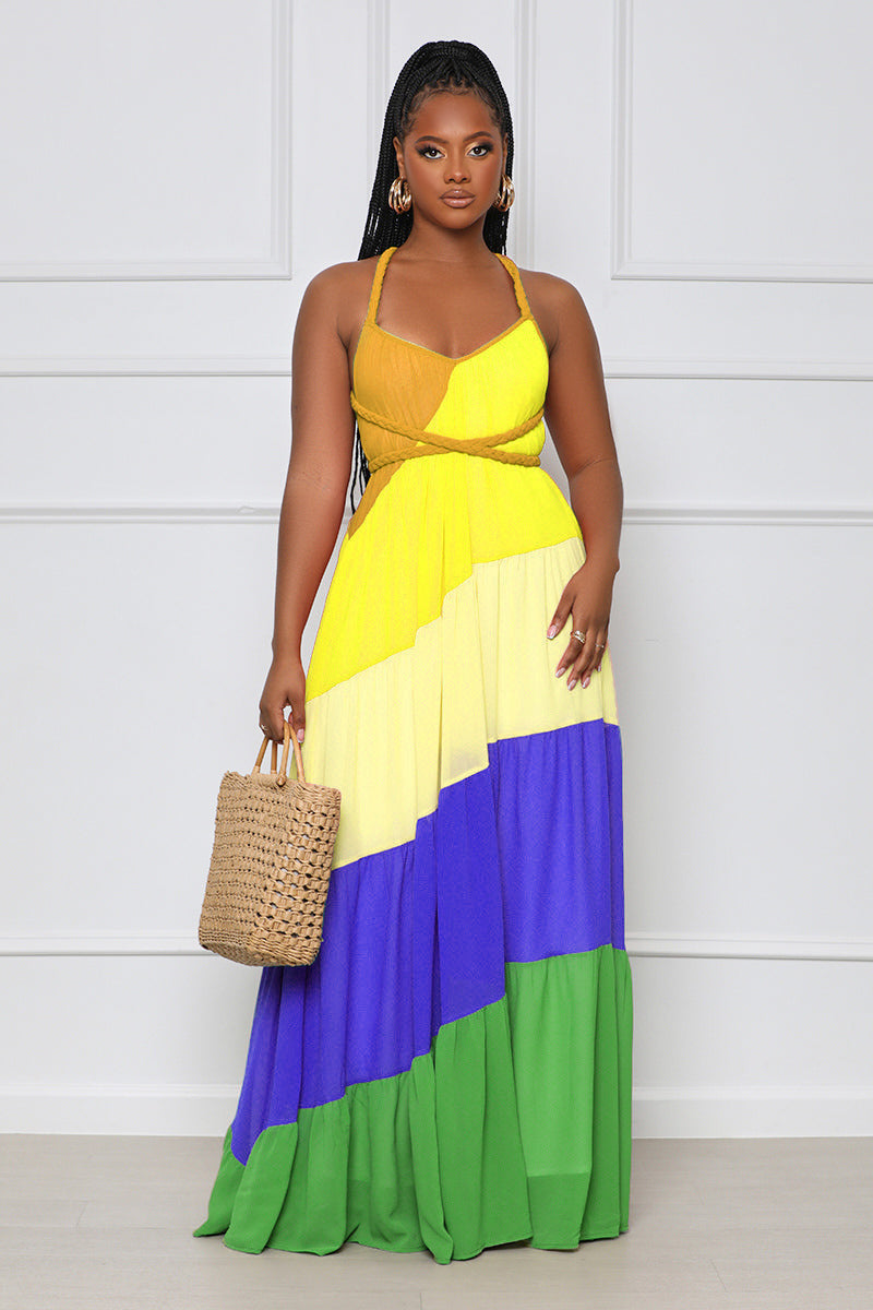 Women’s Rainbow Color Block Chiffon Maxi Dress – Lace Up Backless