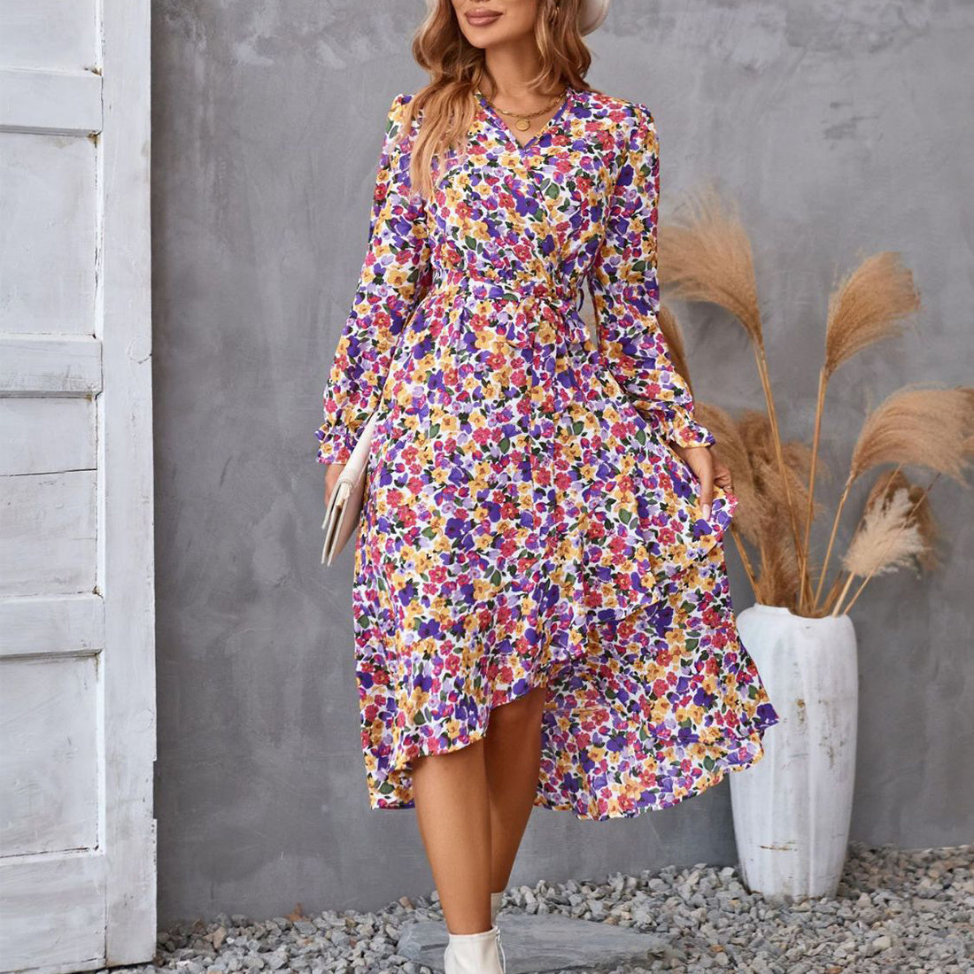 Women’s Floral Print Long Sleeve Ruffled Dress – Elegant Mid-Length