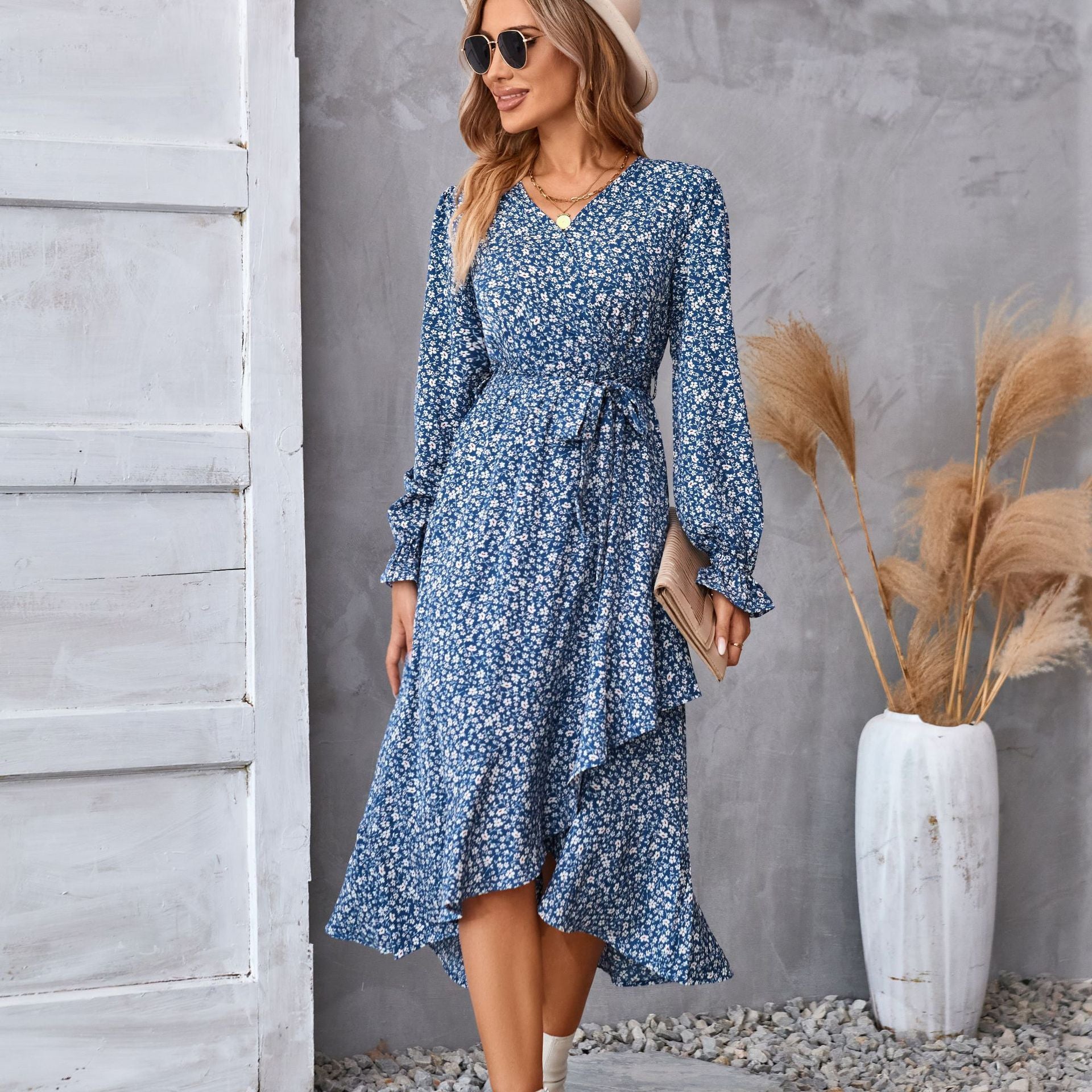 Women’s Floral Print Long Sleeve Ruffled Dress – Elegant Mid-Length