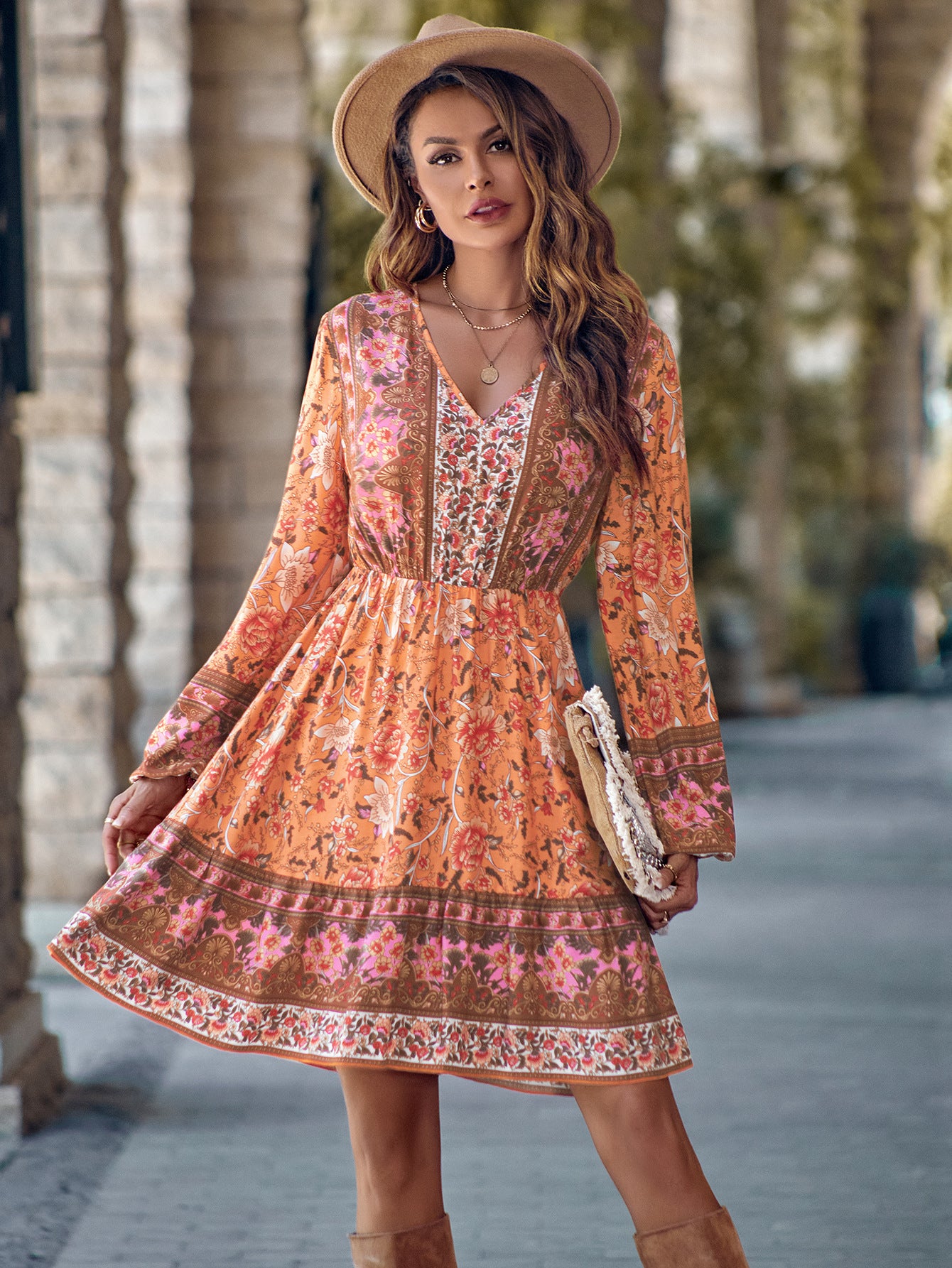Printed V-neck Waist-Controlled Long Sleeve Dress for Women
