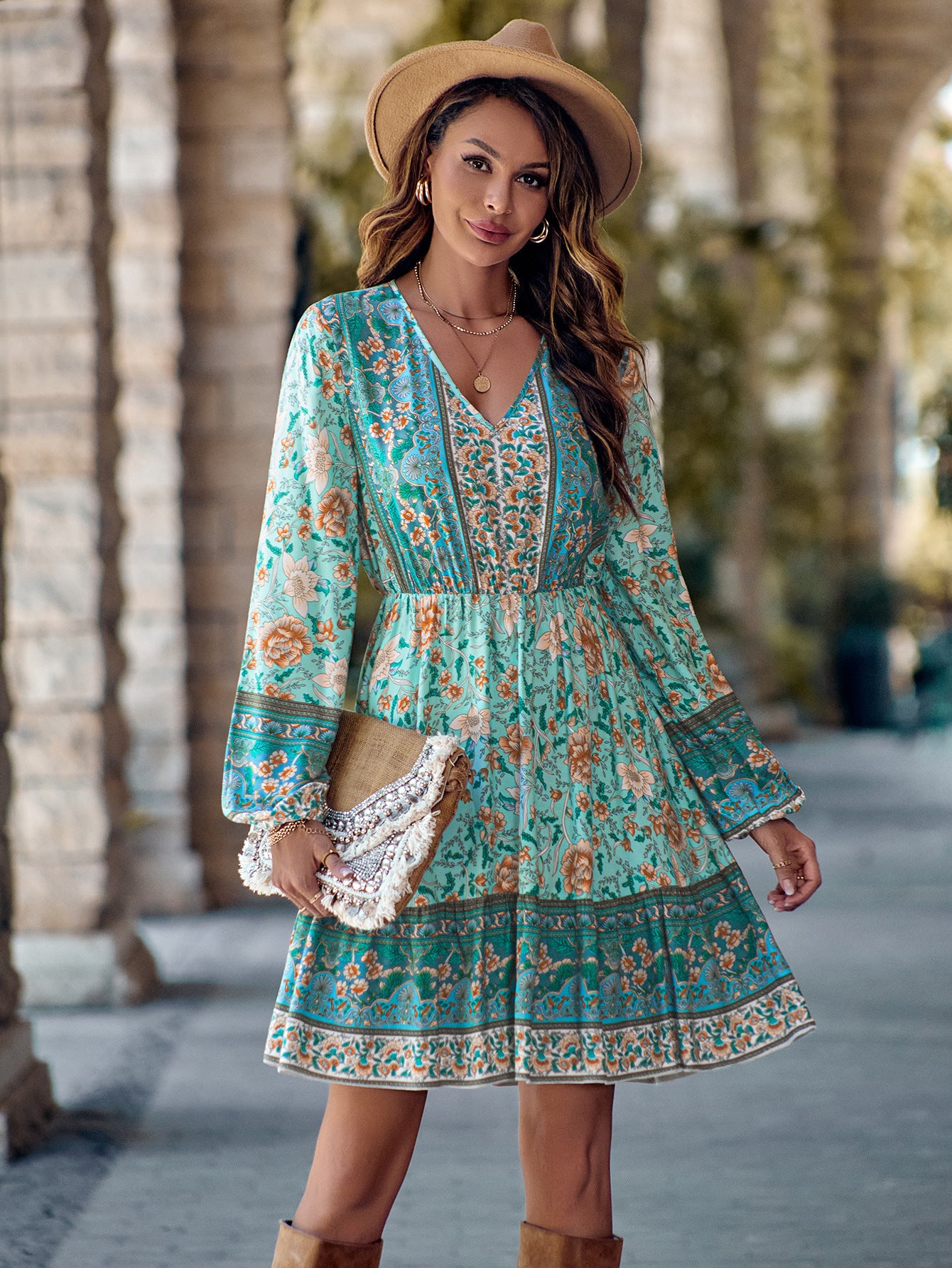 Printed V-neck Waist-Controlled Long Sleeve Dress for Women