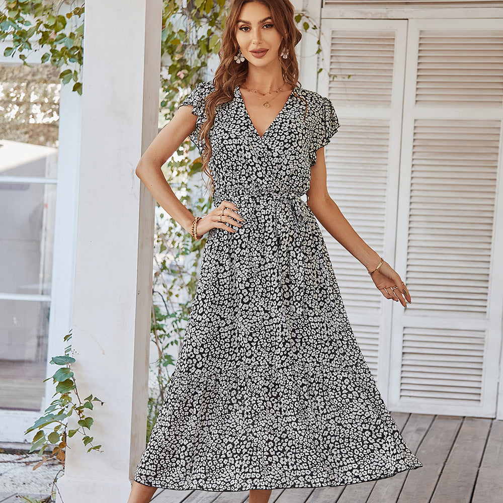 Boho Floral V-Neck Maxi Dress – Summer Ruffle Sleeve Wrap Belt Long Dress
