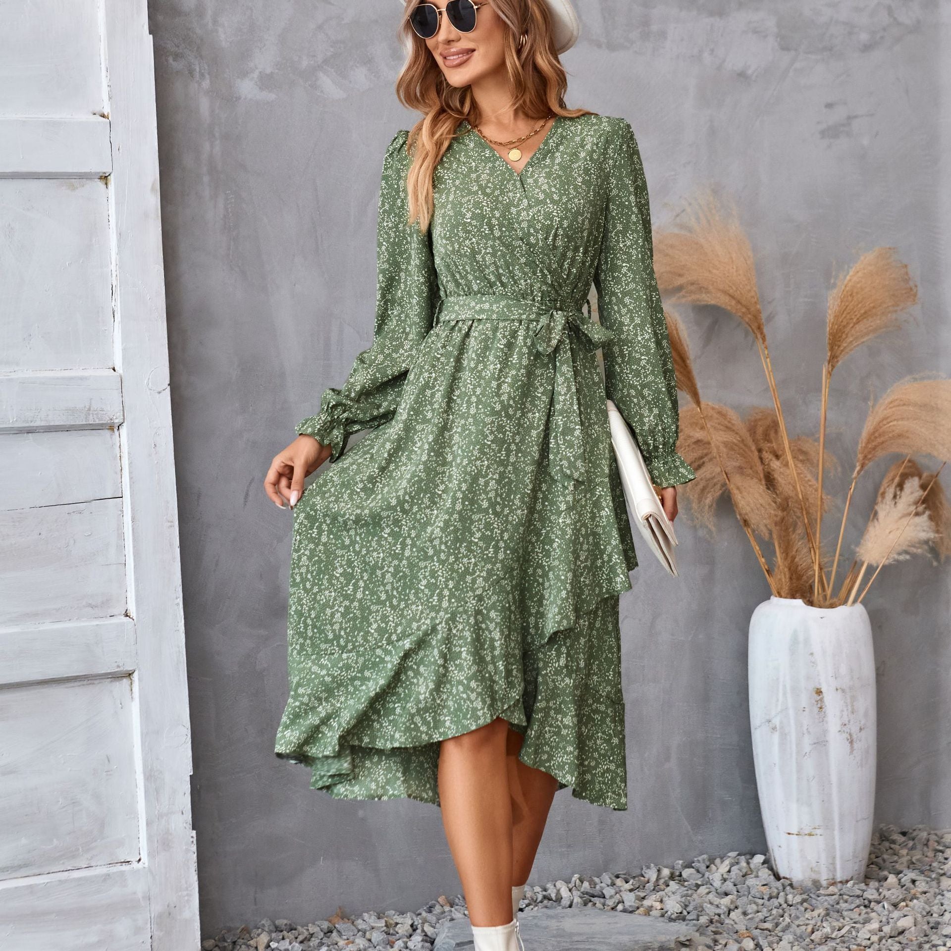 Women’s Floral Print Long Sleeve Ruffled Dress – Elegant Mid-Length