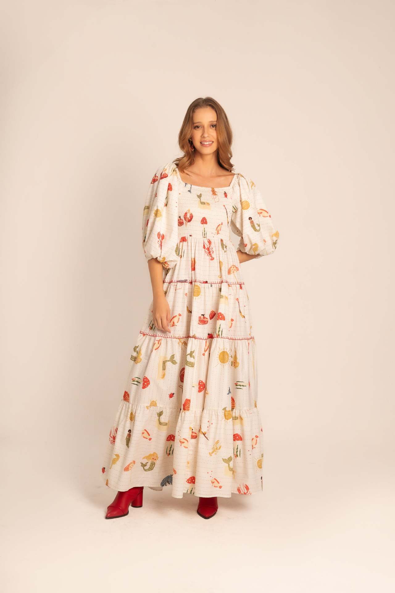 Boho Puff Sleeve Maxi Dress – Square Collar Printed Swing Long Dress