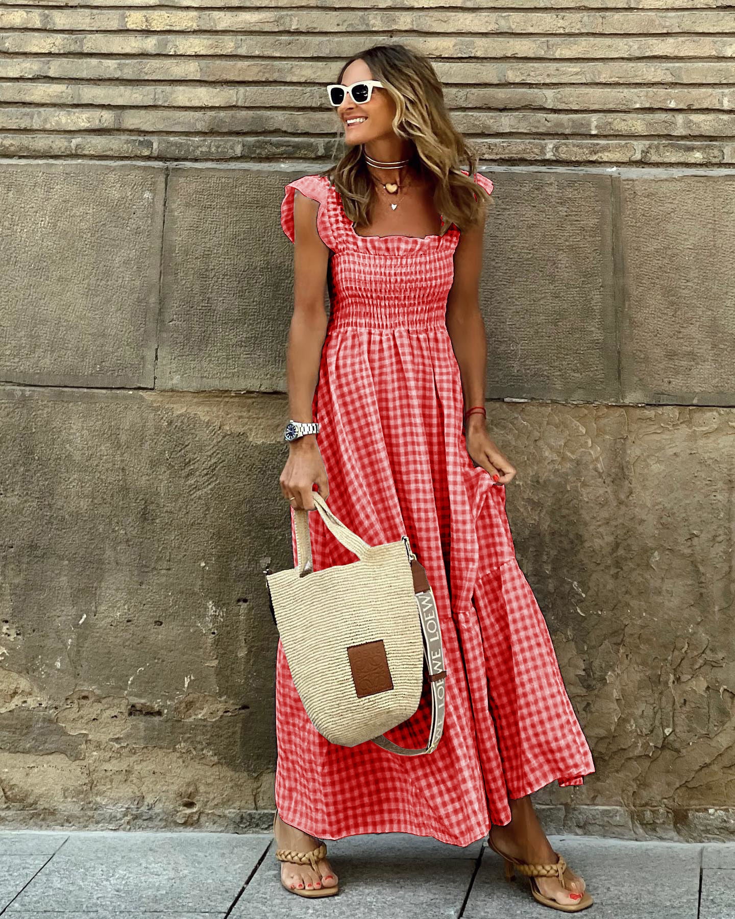 Summer Plaid Print Pleated Ruffle Dress INS Fashion Sleeveless A-line Swing Beach Dress Women's Clothing