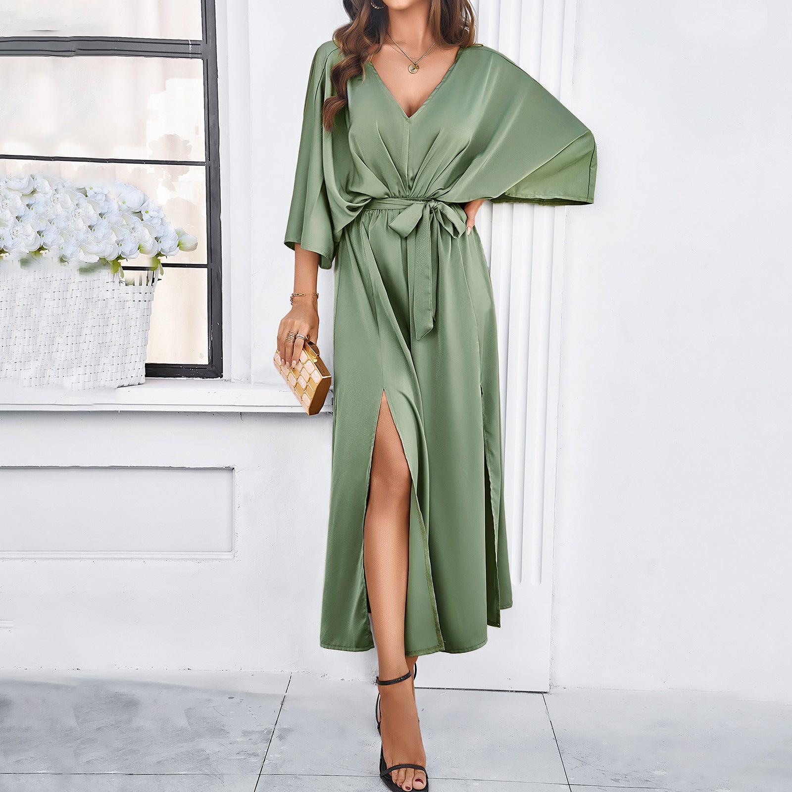 Women’s V-Neck Bat Sleeve Maxi Dress with Split and Lace-Up Waist