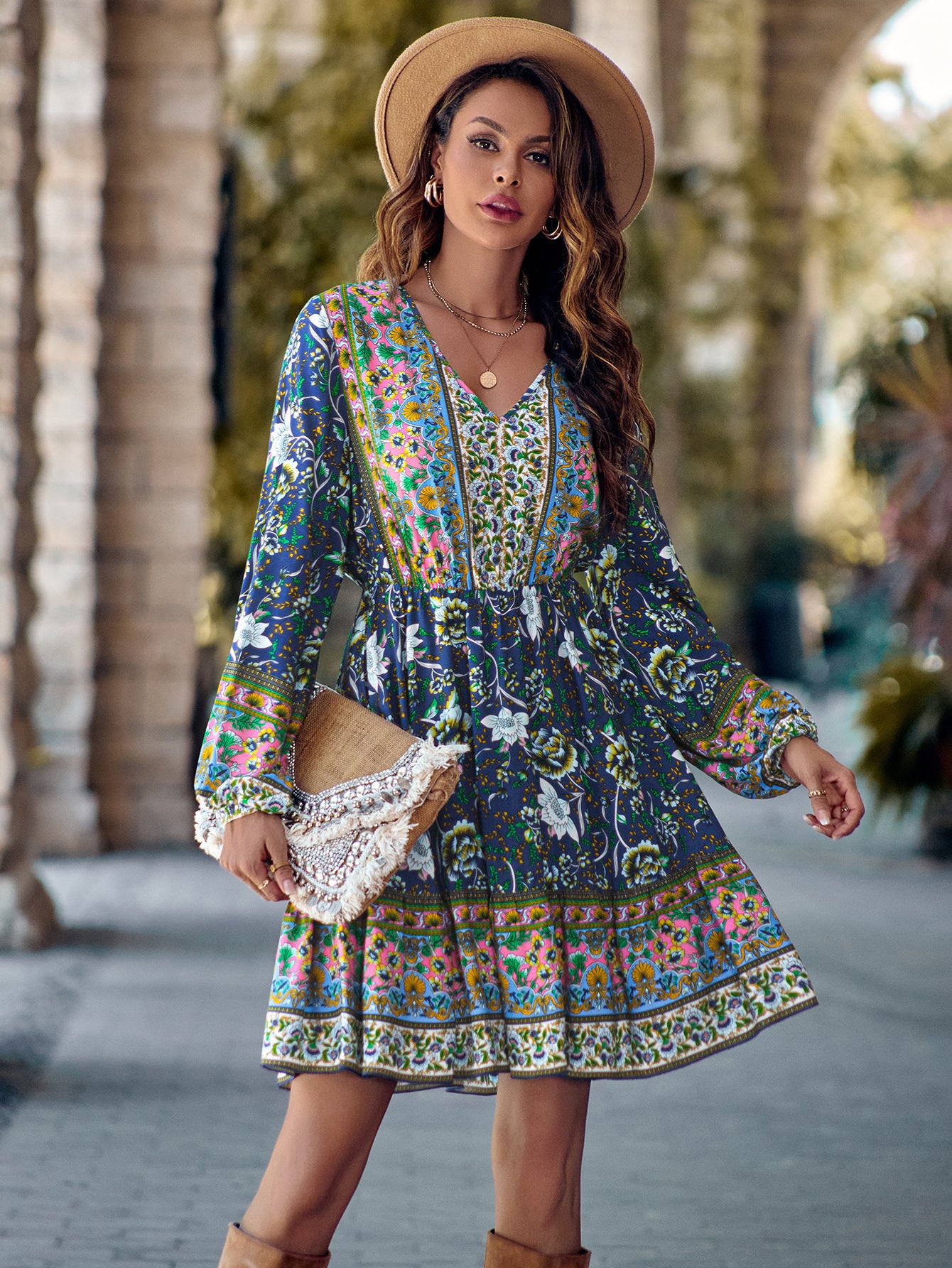 Printed V-neck Waist-Controlled Long Sleeve Dress for Women