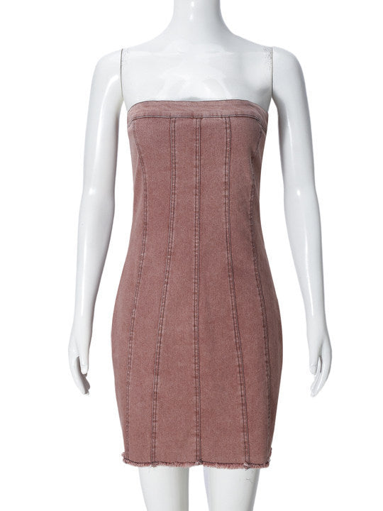 Trendy Backless Denim Tube Dress – Y2K Slim Mini Dress for Women