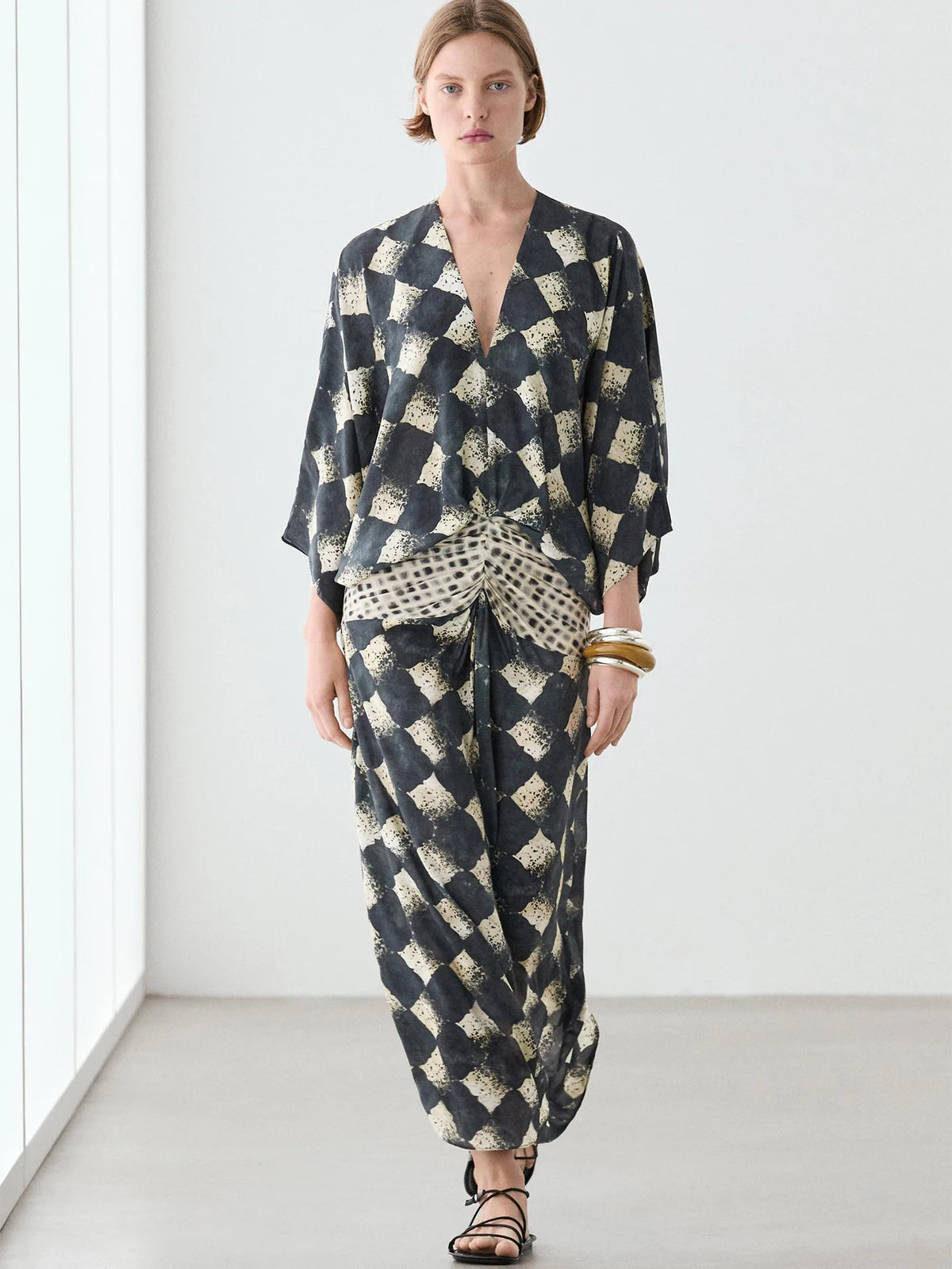 HIA diamond print twist-front dress — full front view