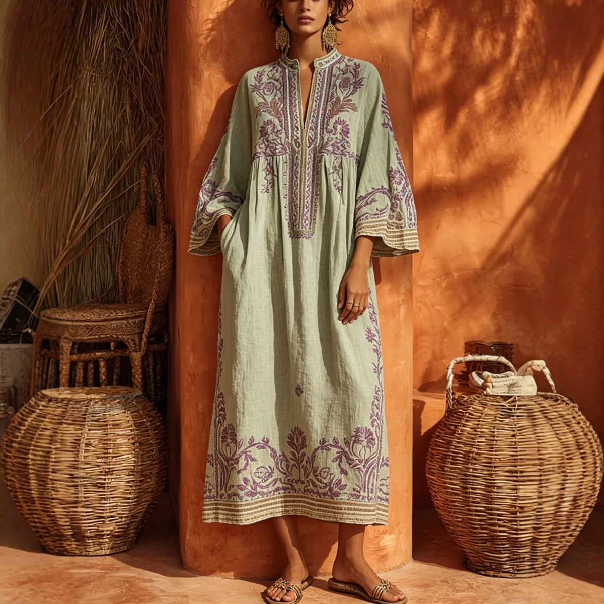 Paisley Border Flared-Sleeve Kaftan Dress — green loose silhouette