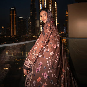 HIA Floral Border Open Abaya — Brown Floral, back and side view