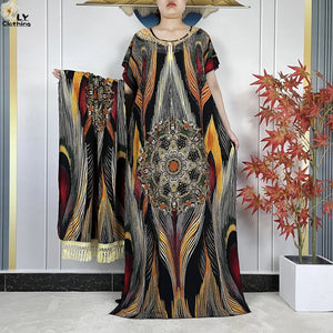 Multicolor Maxi Kaftan & Scarf Set — Gold Multicolor | HIA