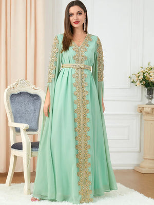 HIA Gilded Cape-Sleeve Occasion Dress — Light green front