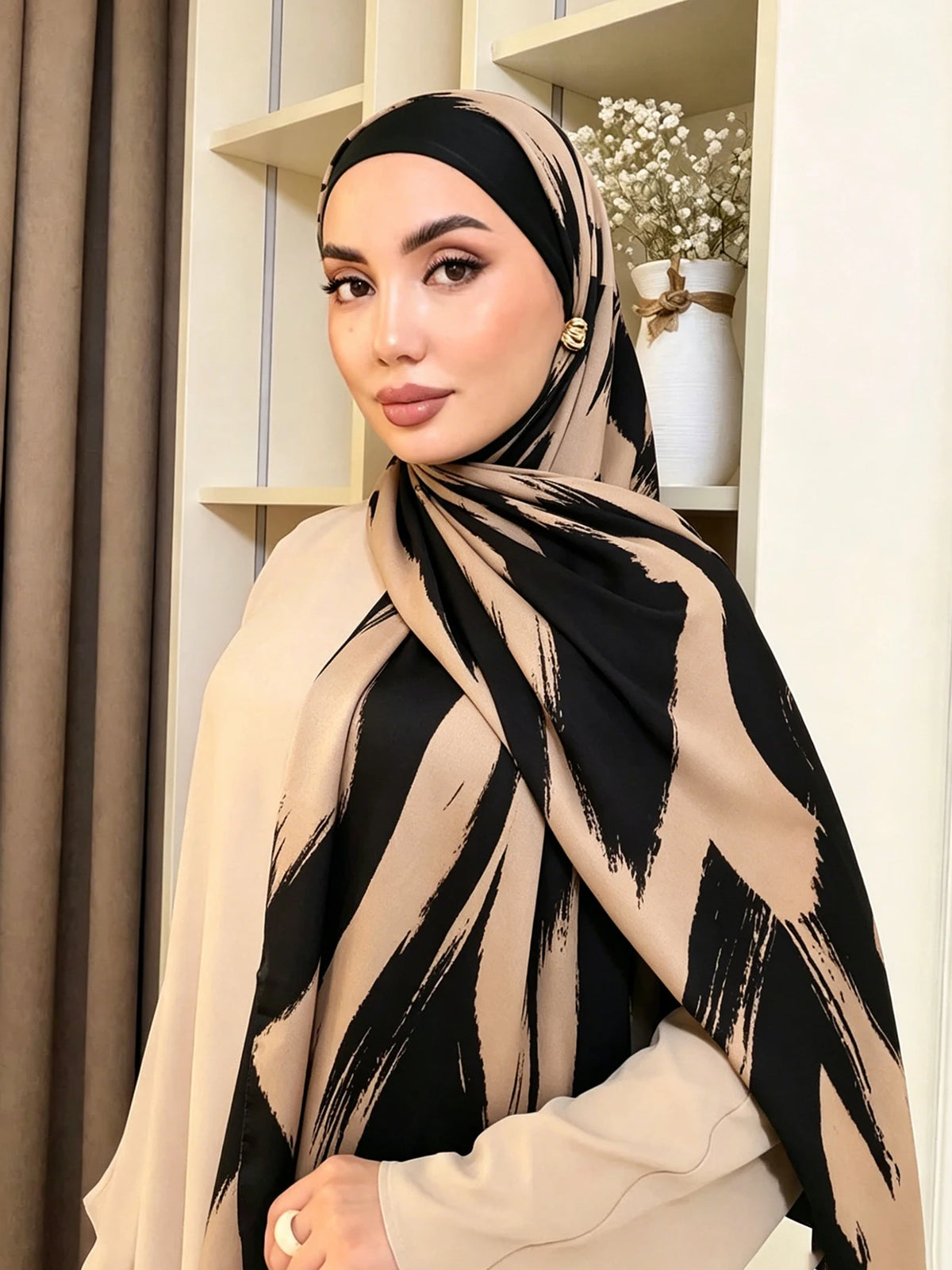 HIA Statement Print Chiffon Hijab — scarf styling and fabric detail, view 1