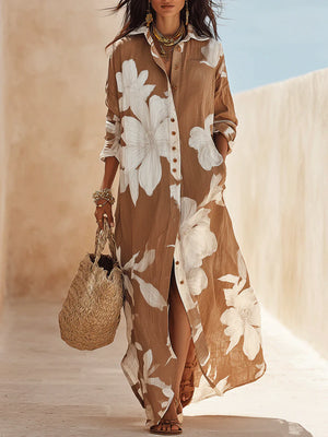 Brown botanical shirt dress, front styling view