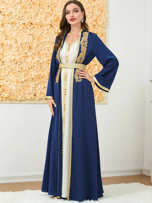 HIA Gilded Trim Abaya & Dress Set — Navy front and back