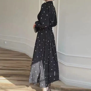 HIA Dotted Tie-Waist Maxi Dress — supplier garment measurements in centimeters and inches