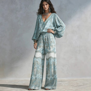 Seafoam Paisley Blouse & Wide-Leg Pants Set — full outfit styling