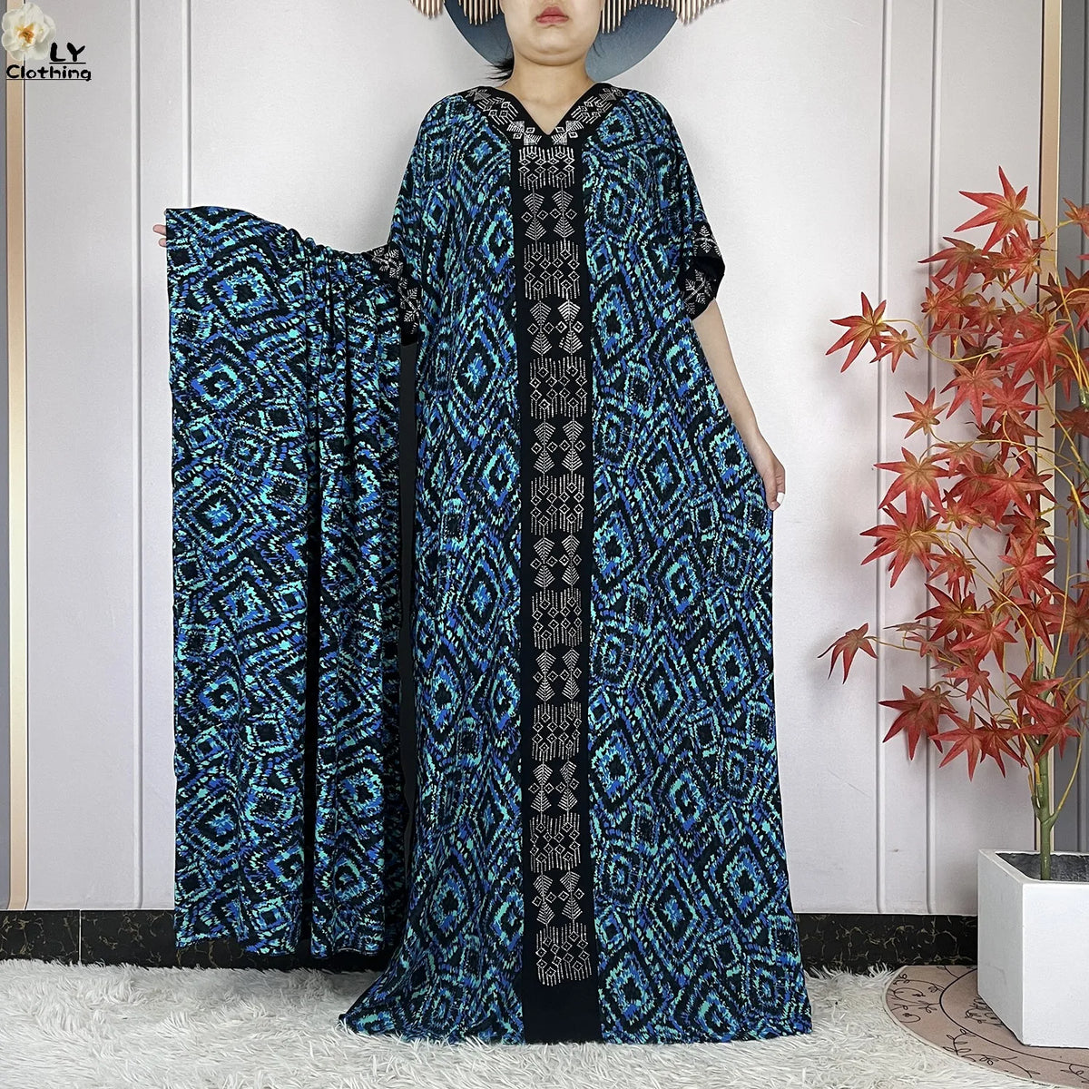 Geometric Maxi Dress & Oversized Scarf Set — Blue Geometric | HIA