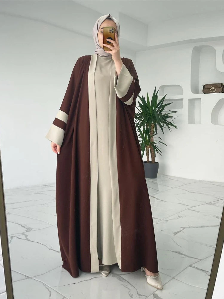 HIA Contrast-Trim Abaya and Inner Dress Set in Dark Brown, full-length front view