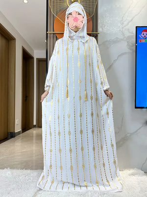 HIA Gold-Accent Hooded Prayer Dress in White, full front view