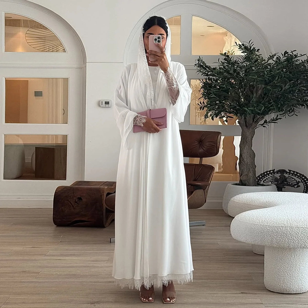 HIA White Lace-Trim Open Abaya & Hijab Set — full-length front view