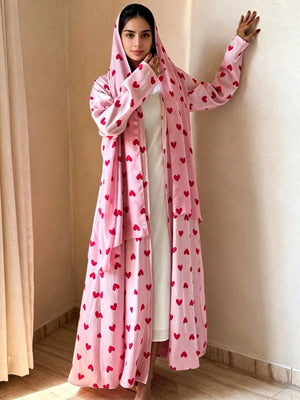 Heart Print Abaya & Hijab Set — Pink with Red Hearts front