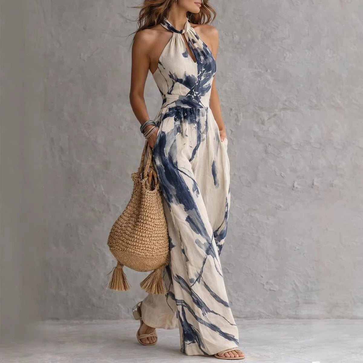 Ink Print Halter Wide-Leg Jumpsuit — halter neckline and wide-leg styling