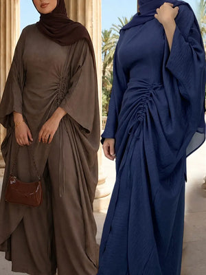 HIA Ruched Crinkle Tunic & Wide-Leg Trousers Set — outfit and fabric detail, view 2