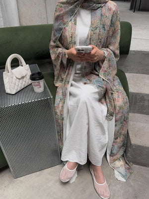 HIA soft floral open abaya and scarf – seated styling